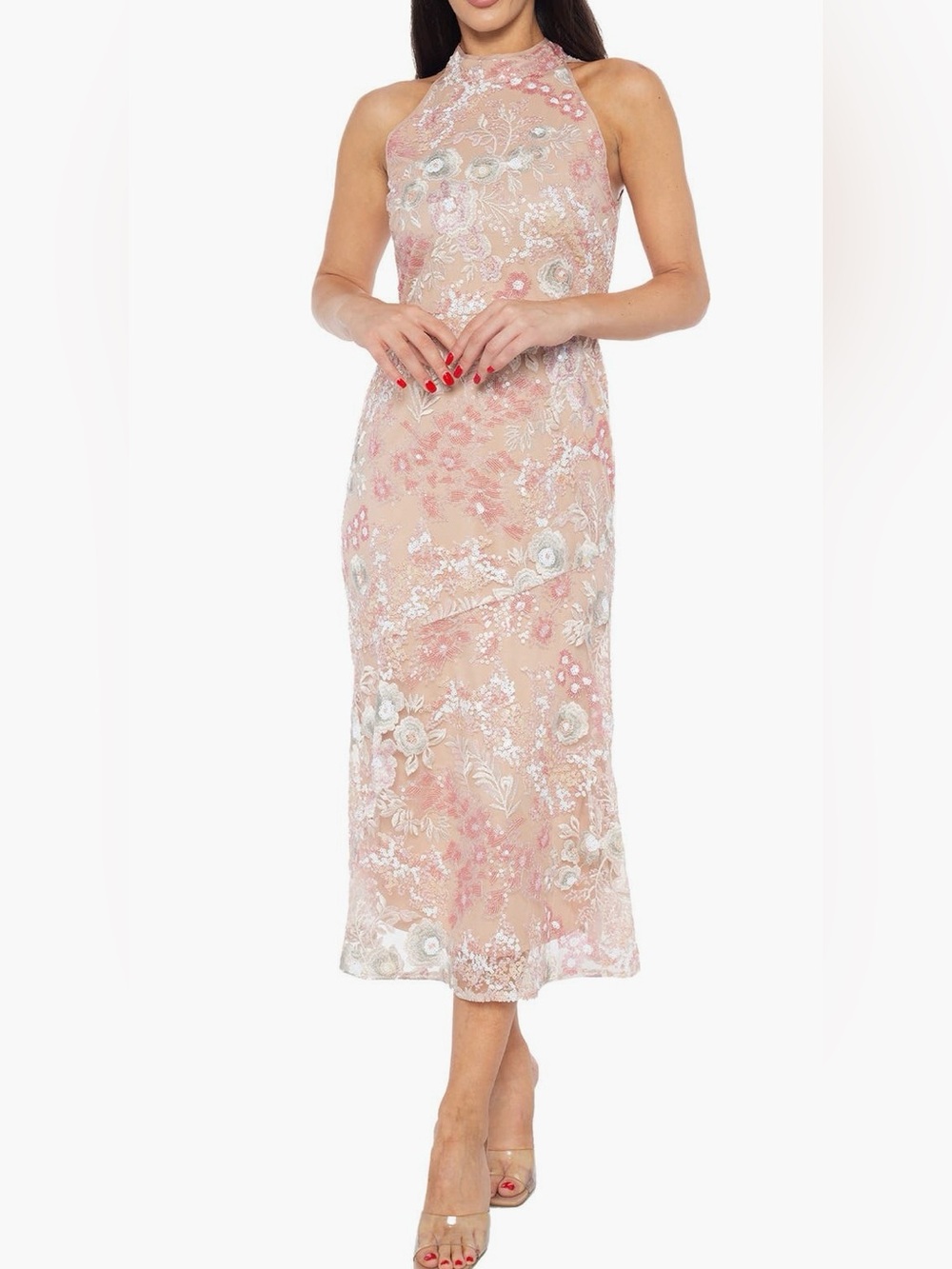 MARINA Embellished Cocktail Halter Dress in Champagne